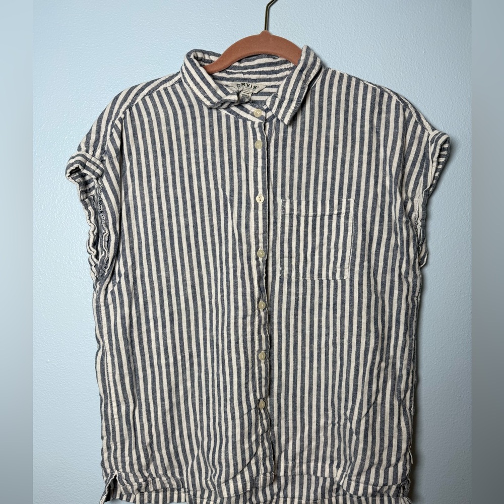 Orvis Navy and White Vertical-Stripe Short-Sleeve Button-Down